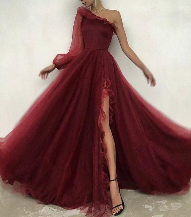

Burgundy Lace A-line Evening Dress Glitter Lace Sequins Floor Length One Long Sleeve One Shoulder Chiffon Ruffles Side Split Custom Made Robe Plus Size Party Dresses, Sage