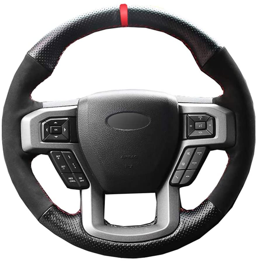 Black Perforated Leather Suede Red Thread DIY Steering Wheel Cover Hand-Stitch On Wrap Fit For Ford F150 Raptor 2016-2019-image-764321530