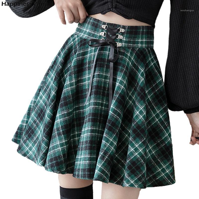 

Skirts Gothic Punk Harajuku Women Plaid Print Skirt Lace Up Hip Hop Winter Casual Green Grey Red Pleated Woolen Skater