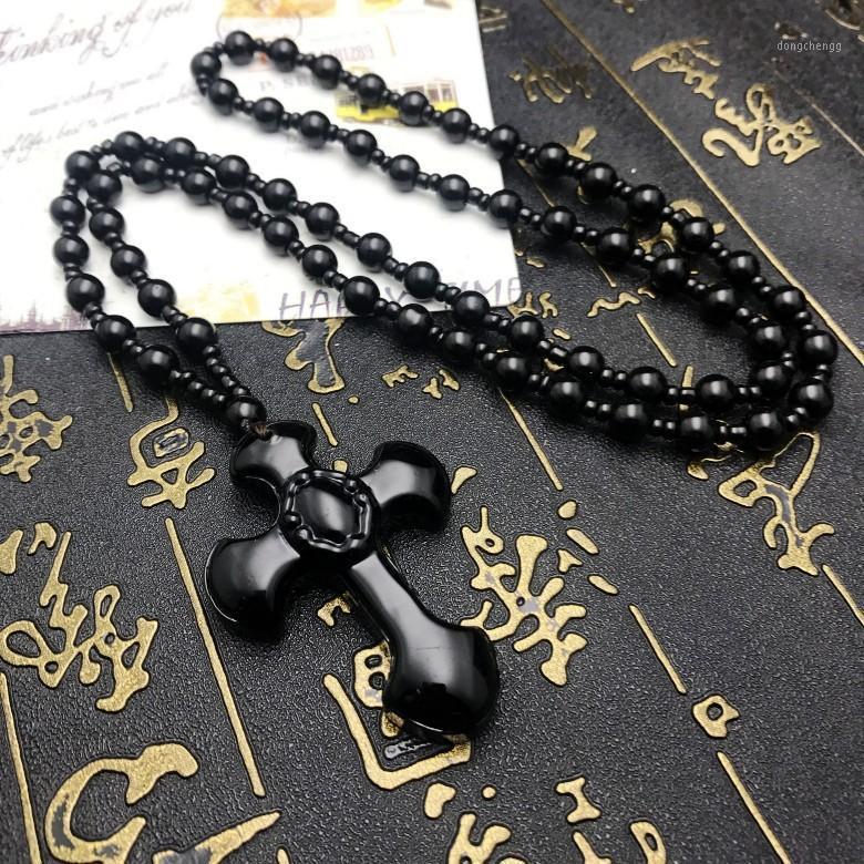 

Pendant Necklaces Handmade Beads Chain Natural Black Obsidian Carving Crosses Lucky Amulet Necklace For Women Men Drop