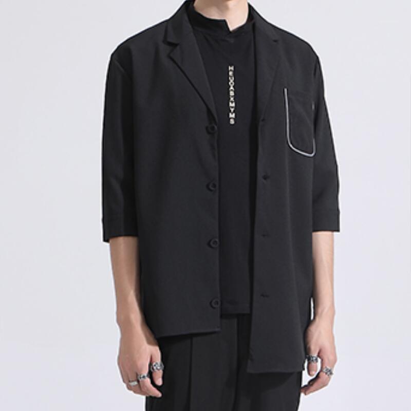 

Spring Male Fashion Personalized Custom Large Size Casual Five-quarter Sleeve Shirt With Contrast Trim Pockets/--6XL Men's Shirts, Black