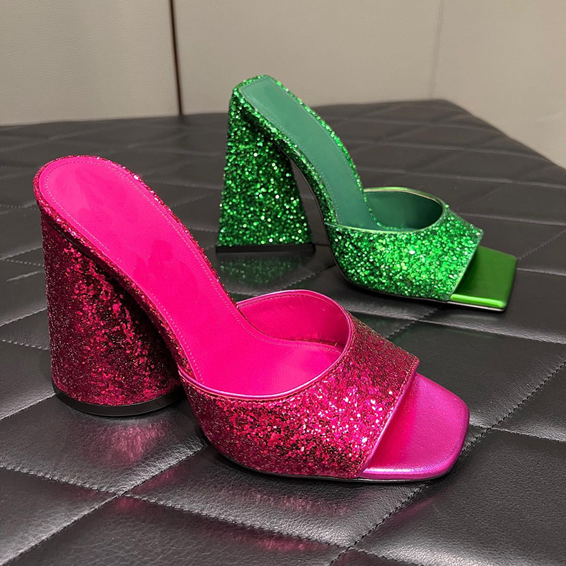 

Designer Slippers Fashionable diamond decoration Novelty womens heeled sandals Triangular Abnormal heels Slipper big size shoes 35-43 factory footwear, Cowboy blue