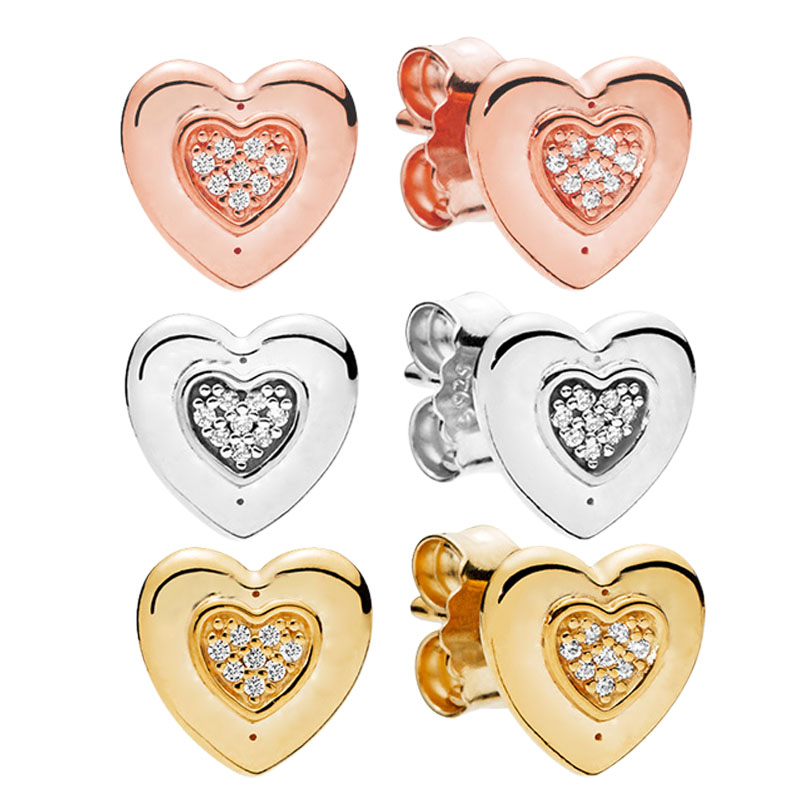 

925 Sterling Silver Love Heart Stud Earrings Yellow and Rose gold plated Womens Wedding Gift Jewelry with Original box for Pandora Earring set