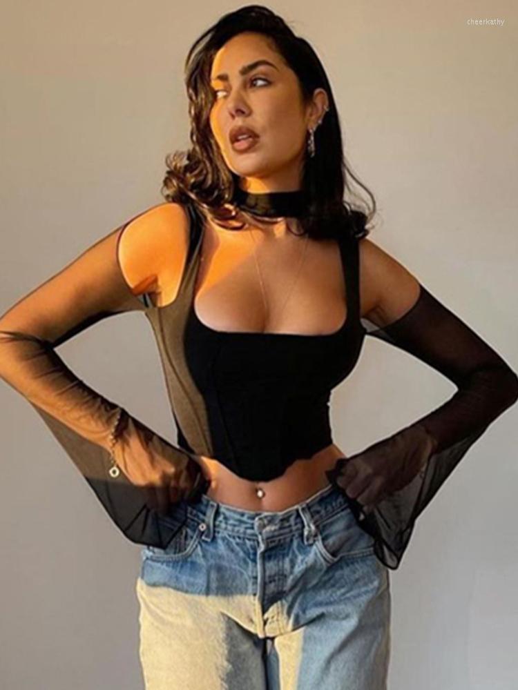 

Women's Blouses & Shirts High Quality Mesh Corset Top Hollow Out Square Collar Boning Zipper Bodycon Blouse Spring Fashion Party Sexy Black