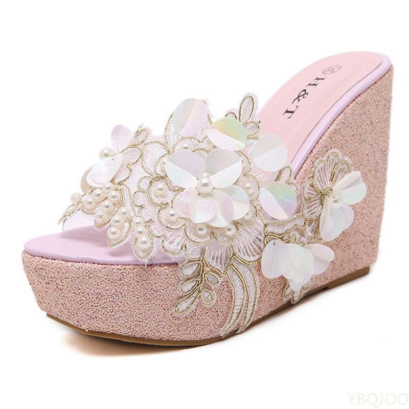 

Sandals Summer Flower Decoration Platform Wedges Women Fashion Silver High Heels Female Gold Shoes Size 34-40Sandals, White