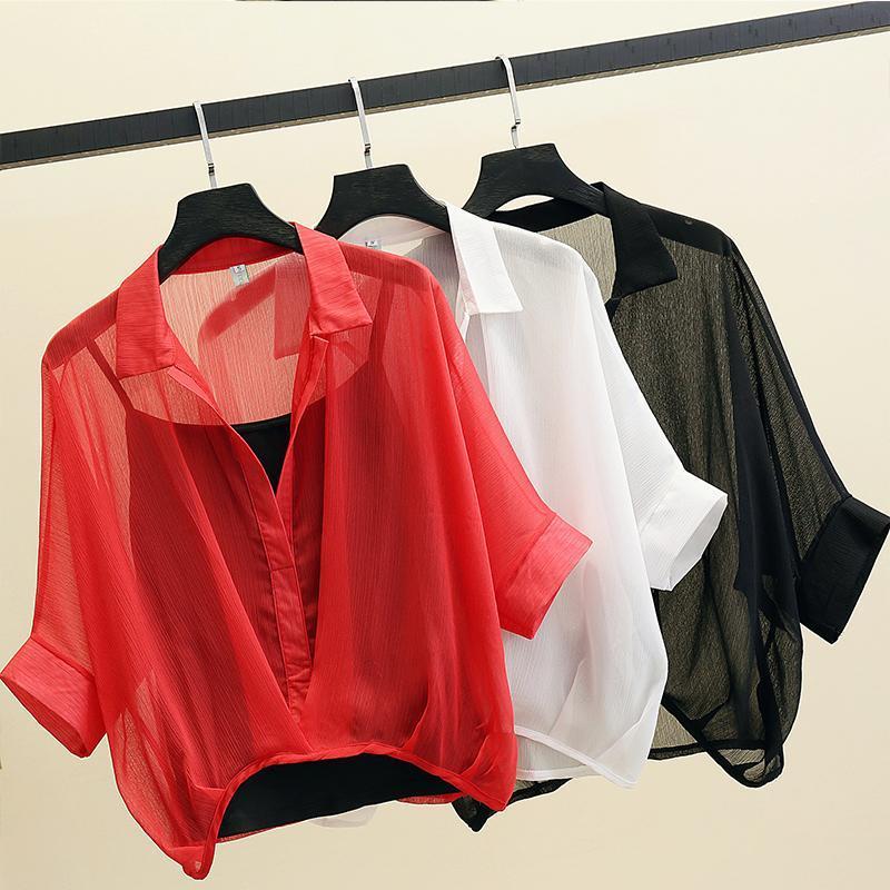 

Women' Blouses & Shirts Blouse 2022 Plus Size Women Tops Two Piece Set Loose Chiffon Striped White Summer V Neck Casual Sexy Oversized Top, Black