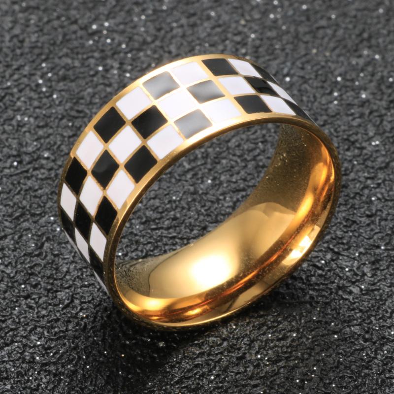 

Wedding Rings Luxury Fashion Gold Plating Stainless Steel Black White Checkered Ring Jewelry Gift For Women Girls Party Finger RingWedding