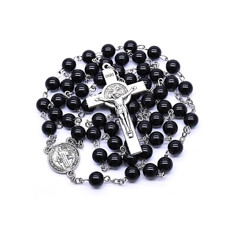 

Pendant Necklaces Catholic Black Rosary Beaded Chain Necklace For Women Saint Benedict Jesus Cross Religious Prayer Jewelry Gift