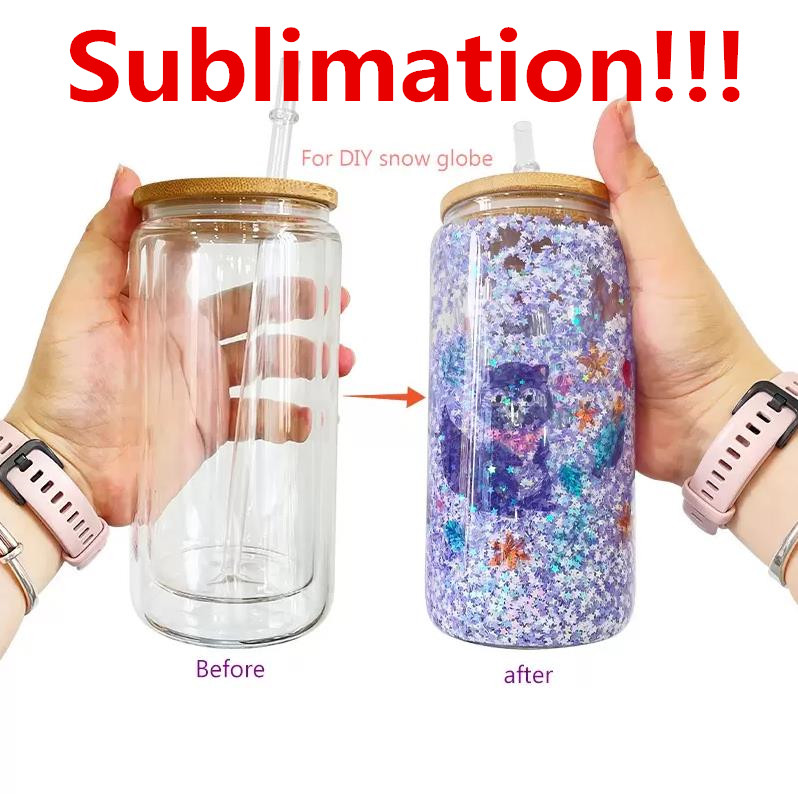 

12oz 16oz 20oz Sublimation Tumbler Double Wall Glass Can Glitter Blank Glass Mugs with Bamboo Lids Beer Juice Glasses Cup Wholesale, Clear