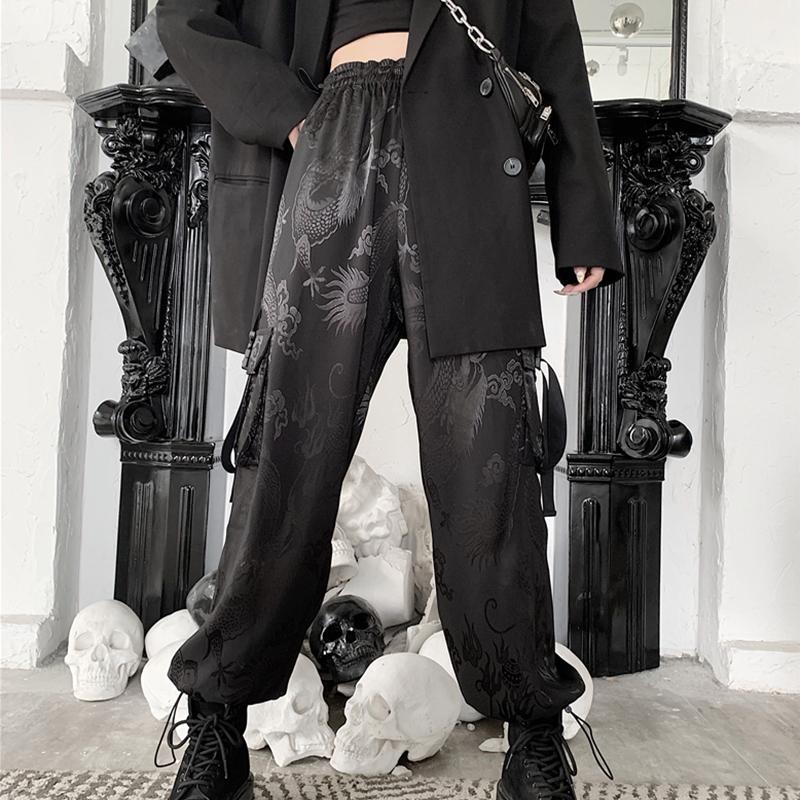 

Women's Pants & Capris Streetwear Wide Leg Women Gothic Harajuku Vintage Dargon Print Cargo Female Punk Black Long Trousers Fashion