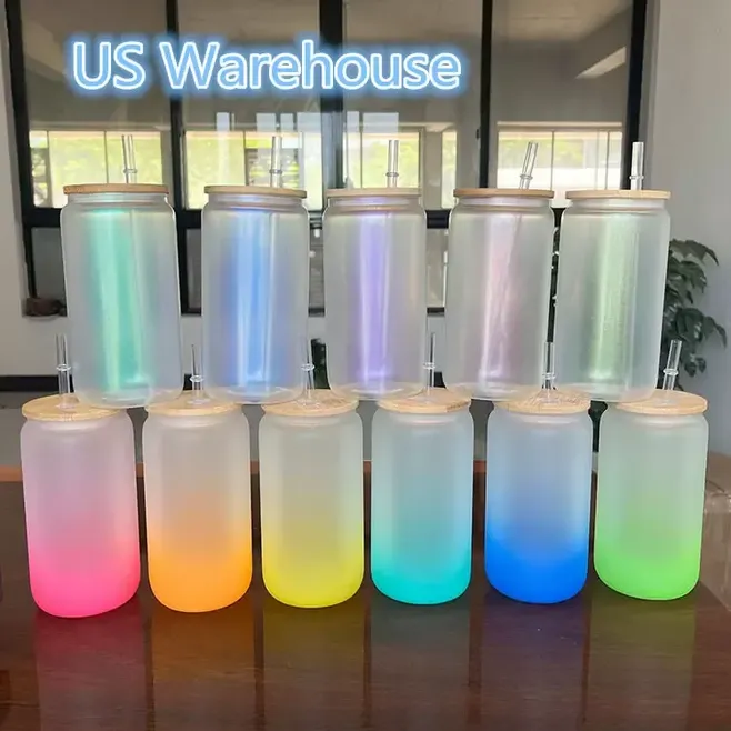 

12oz 16oz Sublimation Glass Beer Mugs Glass Water Bottle Beer Gradient Can Glass Tumbler Iridescent Drinking Glasses With Bamboo Lid And Reusable Straw Iced T0511, Metal straws only