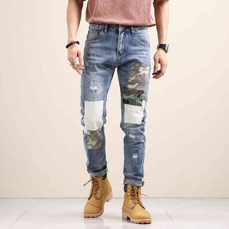 

Style youth stitching elastic small leg men's fashion brand light luxury simple jeans in spring and Autumn, Picture