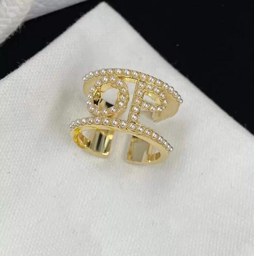 Créateur de mode perle or lettre bande anneaux bague bague de luxe pour dame femmes fête amoureux de mariage cadeau bijoux de fiançailles avec BO