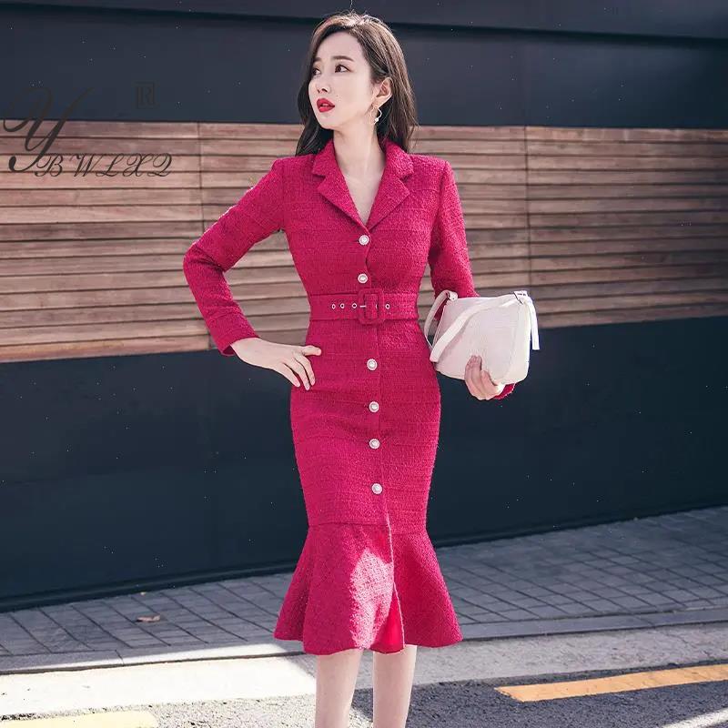 

Fashion Elegant Tweed Trumpet Dress Small Fragrance Style V-neck Single Breasted Belt Midi Office Lady Party Dresses, Rose red