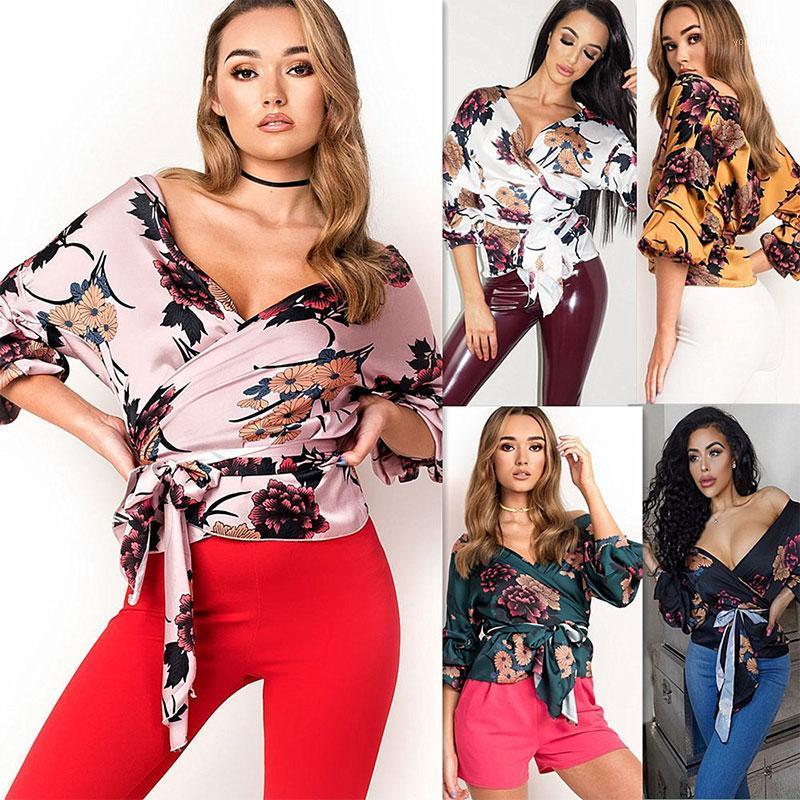 

Women's Blouses & Shirts Summer Floral Boho Blouse Women Chiffon Tops 2022 Fashion Casual Lantern Sleeve Bandage Bow V Neck, Dy18237-pink
