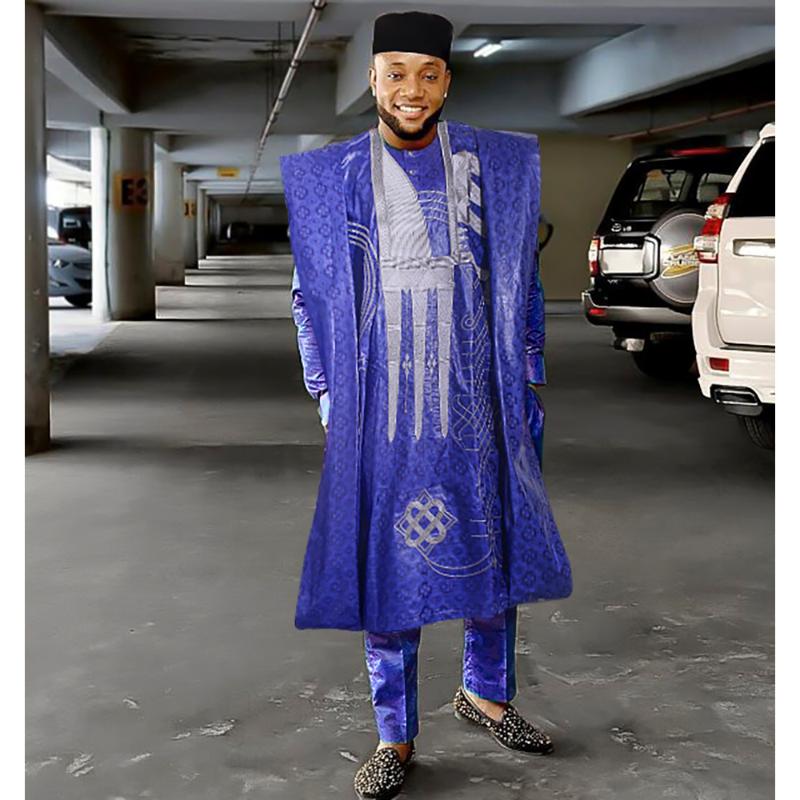 

Ethnic Clothing H&D African Clothes For Men Rich Bazin Traditional Embroidery Dashiki Blue Robe Long Sleeve Shirt Pants Set Wedding Clot