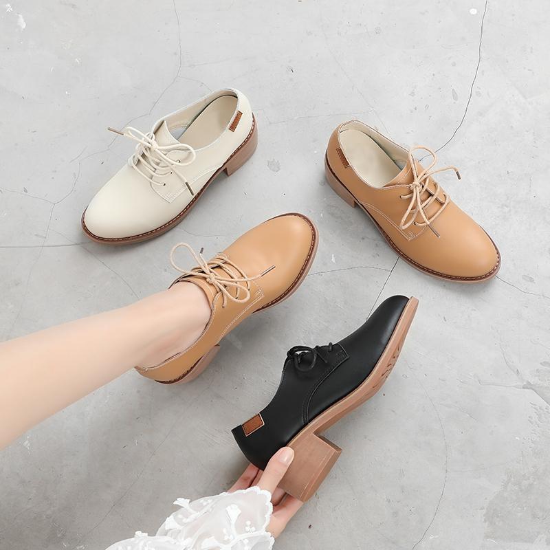 

Dress Shoes Casual Women Oxford 2022 Genuine Leather Lace Up Square Heel Fashion Ladies Office Brown 932465, Beige
