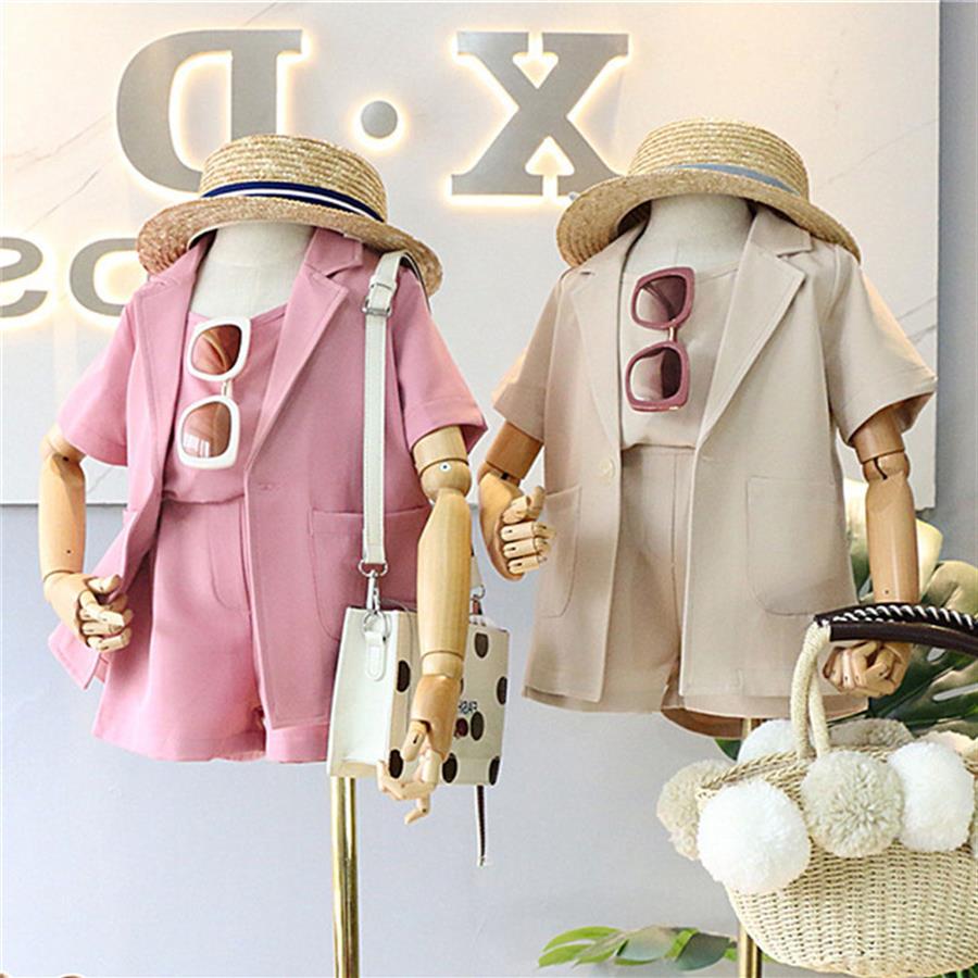 

2-7T Fashion Baby Girls 3pcs suit Infant kids Clothes Sets Solid Vest Tops Short Sleeve Blazer Coat Shorts summer Outfits T200707266H, Beige