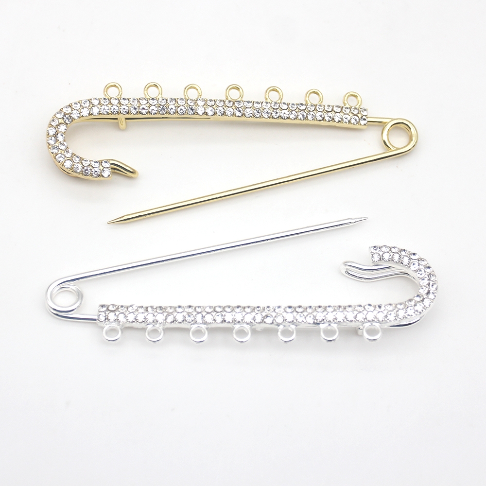 

10 CM Gold /Silver Plated Alloy Rhinestone Safety Pins Brooches Crystal Hijab Scarf Baby Pins With 7 Loops For DIY Jewelry Making