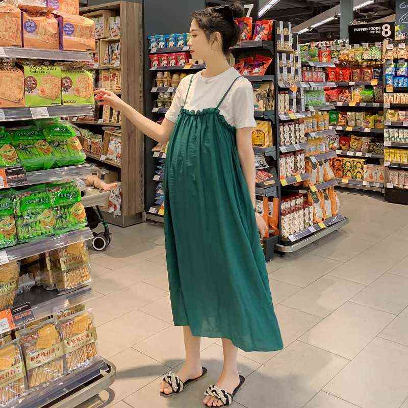 

807# Summer Korean Fashion Maternity Sing Dress White Tees Sets Sweet Lovely Loose Straight Clothes for Pregnant Women Pregnancy G220418, Green