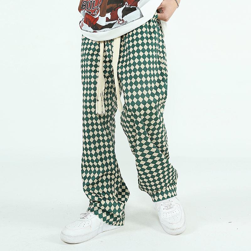 

Men's Pants High Street Color Block Plaid Drawstring Casual Track Mens And Womens Straight Oversized Vibe Style Checkered Trousers, Green