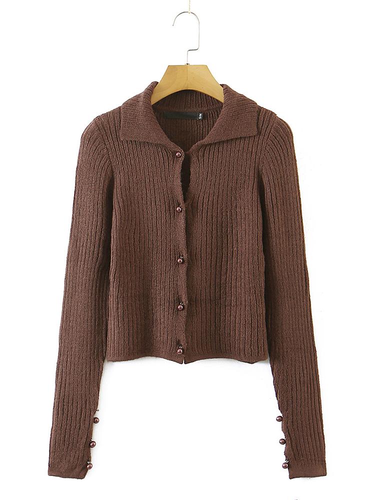 

Women' Knits & Tees Autumn Women Sexy Faux Pearl Button Lapel Sweater Vintage Long Sleeve Female Slim Knit Crop Cardigan TopWomen, Black