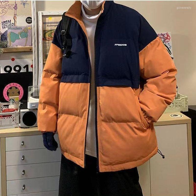 

Men's Down & Parkas Hong Kong Style Cotton Coat Thickened Warmth Stand-up Collar Korean Trend Contrast Color Loose Lovers Padded Jacket Guin, M22 orange