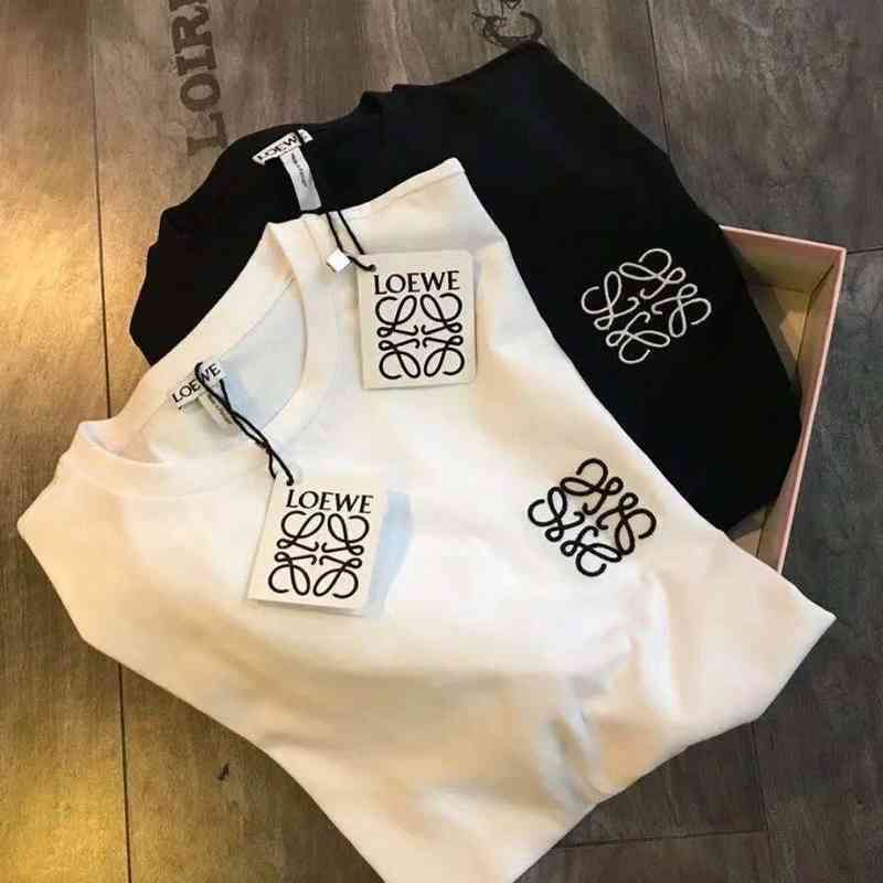 

Loewa Designer T-shirts Loe Embroidered Classic on the Chest Pure Cotton Loose Men's and Women's Round Neck Lovers T-shirt, White