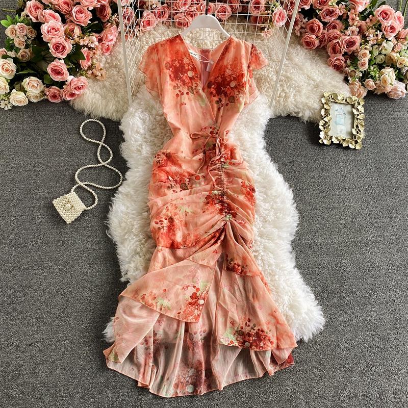 

Casual Dresses Sexy Mermaid Dress Women V-Neck Floral Print Lace-Up Chiffon Fashion Party Gowns Hip Package Vintage Fishtail, As the photo