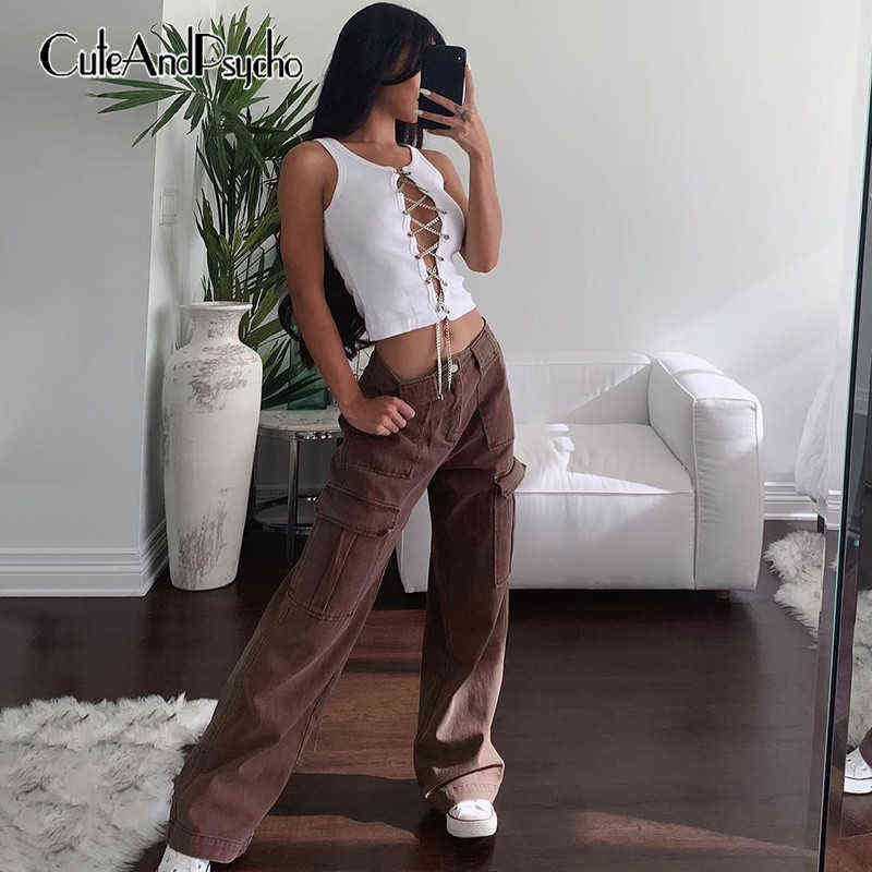 

Streetwear Vintage Hot Baggy Brown Jeans Women Retro Pockets Casual Straight Capris High Waisted Fashion Mom Jeans Cuteandpsycho T220728, Auburn
