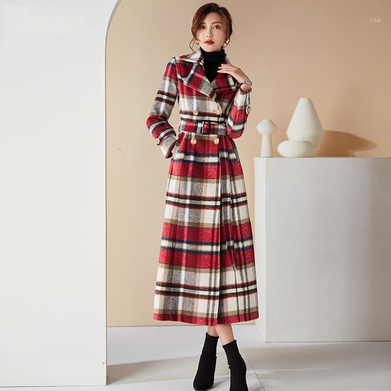 

Women' Wool & Blends Women Red Plaid Trench Coat 2022 Autumn Winter Double Breasted Warm OverCoat Belt Female Vintage Slim Outercoat