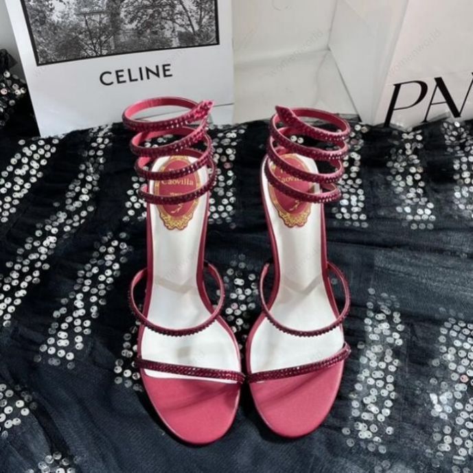 

RENE CAOVILLA Cleo open toe sandals crystal embellished spiral snake tail sandals twining rhinestone sandal women Top quality Hot Gold wine red stiletto heels shoes, Only a boxes