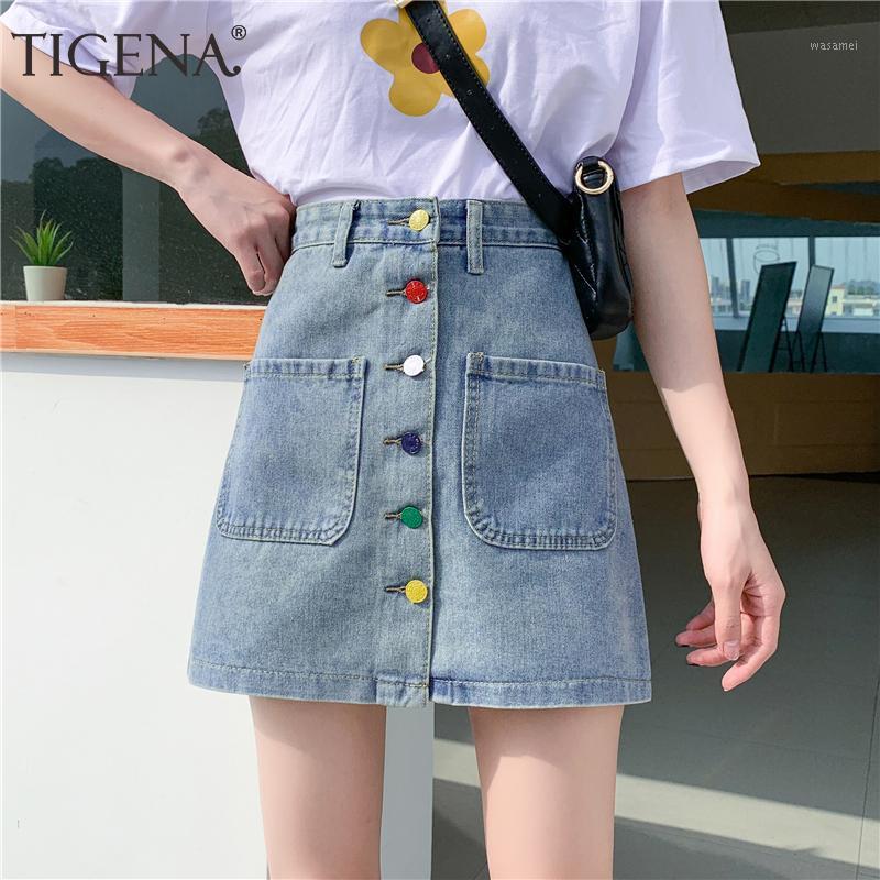 

Plus Size 5XL Cute Denim Skirt Women Fashion 2022 Summer Color Buttons Casual A Line High Waist Jeans Mini Female Skirts, Blue