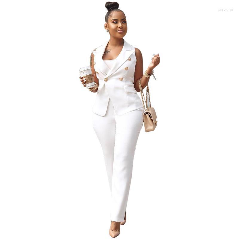 

Women' Two Piece Pants Fashion Women Suits Office Sets Elegant Turn Down Neck Sleeveless Blazer Patchwork Pant Suit Lady Set, Green