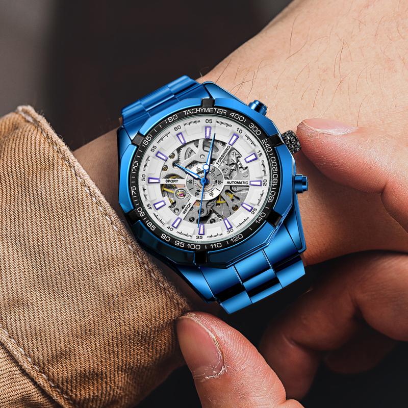 

Wristwatches Forsining Blue Sport Men Watch Top Automatic Mechanical Stainless Fashion Skeleton Waterproof Business, Black