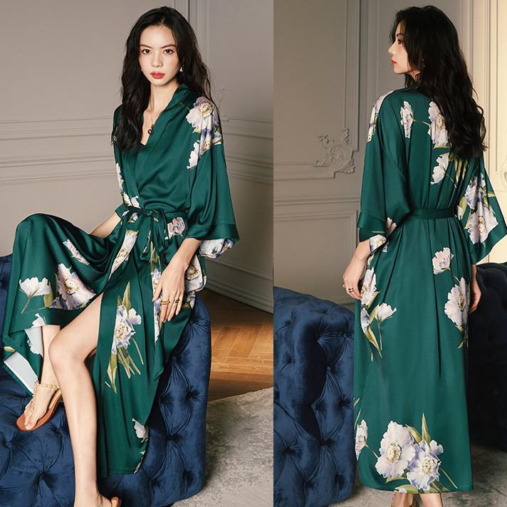 

Women's Sleepwear Print Nightwear Women Satin Kimono Robe Gown Nightdress Loose Intimate Lingerie Sexy Flower Nightgown Lounge WearWomen's, Black peacock