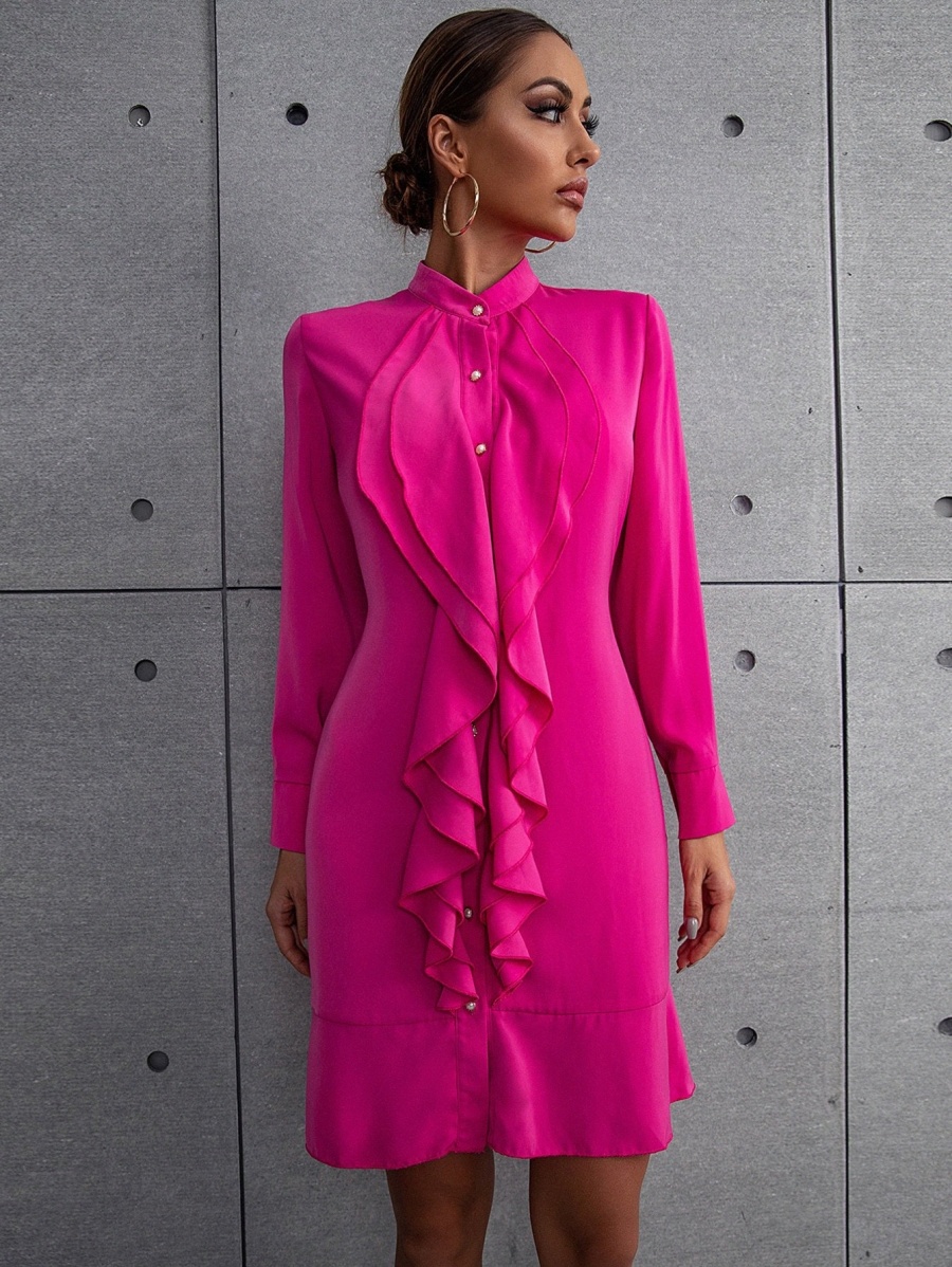 ruffle Mock Neck Single Breasted Belted Dress 33K8#-image-757614462