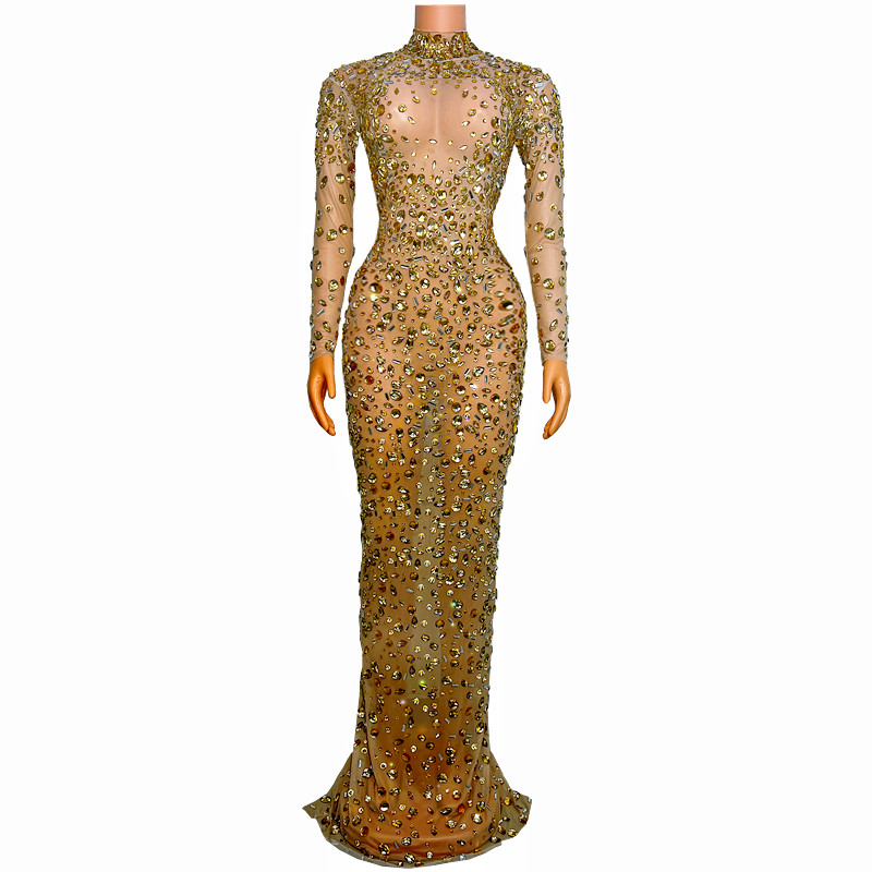 Soirée Concert Modèle Robes De Piste Robes De Piste Voir À Travers Le Costume De Scène Or Strass Cristaux Maille Robe À Manches Longues Célébrité