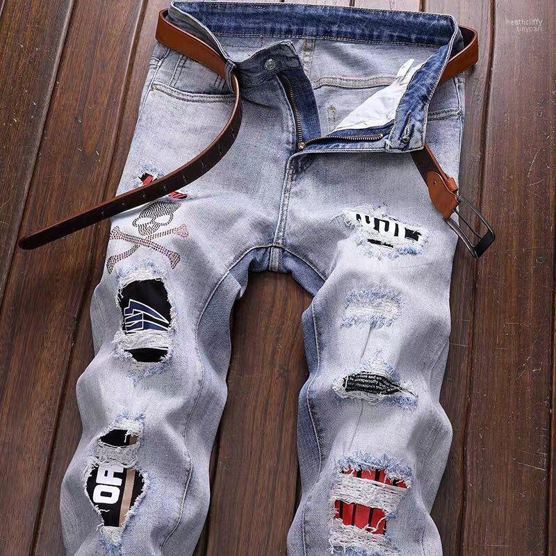 

Men's Jeans Spring Personality Ripped Men Patch Embroidery Rhinestone Stretch Slim Straight Beggar Trend Demin Jeans-ker001Men's Heat22, 1122