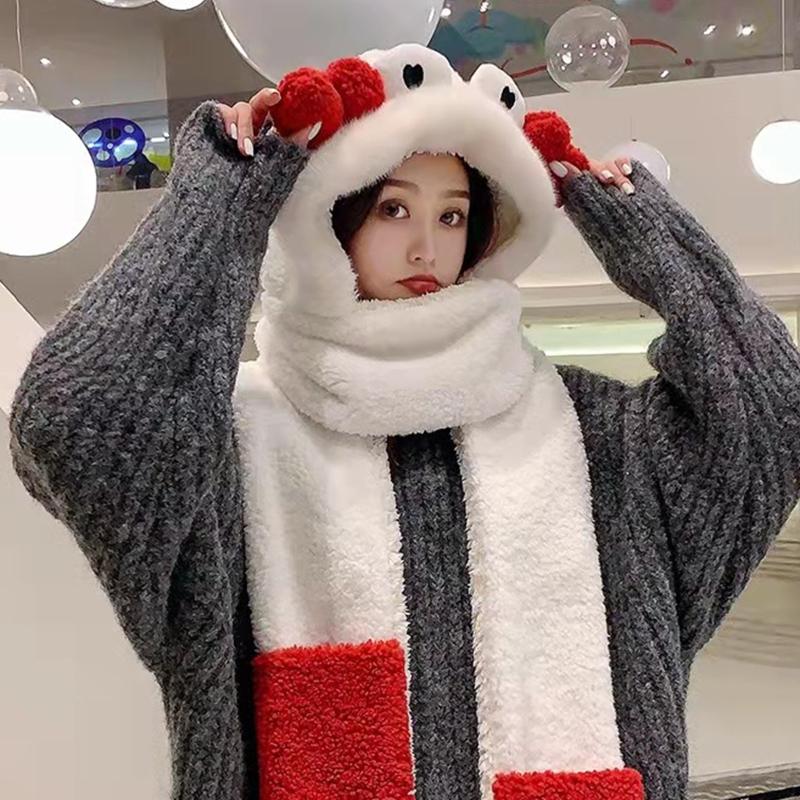 

Berets Trendy Women Plush Hats Gloves Scarf 3in1 Suit Cartoon Ear Shape Warmth Cap Adults Winter Hat For Teenagers, White