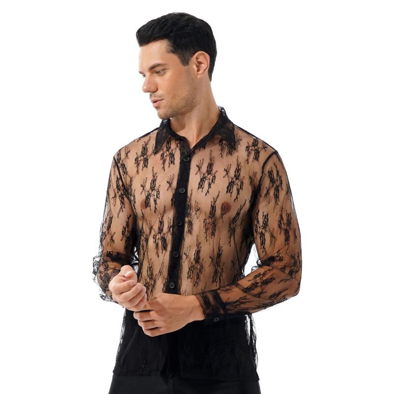 

Men's Dress Shirts Mens Fashion See-through Floral Lace Shirt Turn-down Collar Long Sleeve Button Tops For Party Nightclub Stage Performance, Black