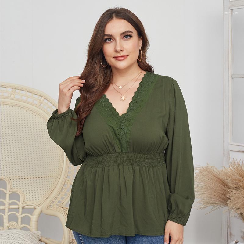 

Boho Chic Plus Size Long Sleeve Peplum Top Tent Loose Women Blouse Lace Neck Green Solid Clothing 2022 Spring Women's Blouses & Shirts