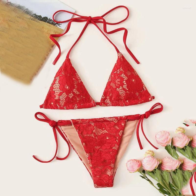 

Bras Sets 2022 Latest Underwear Women Split Print Push-Up Padded Biquini Lace Set Halter Solid Color Lengerie Female Intimates, Red
