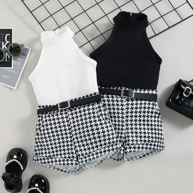 

Clothing Sets TodFOCUSNORM 0-4Y Fashion Little Girls Clothes 2pcs Ribbed Solid Color Halter Vest Tops Plaid Printed Short Waist BeltClothing, Black