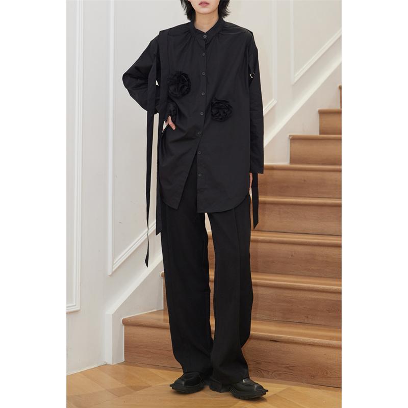 

Men's Casual Shirts Spring And Autumn Niche Black Design Sense Three-dimensional Flower In The Long Strap ShirtMen's