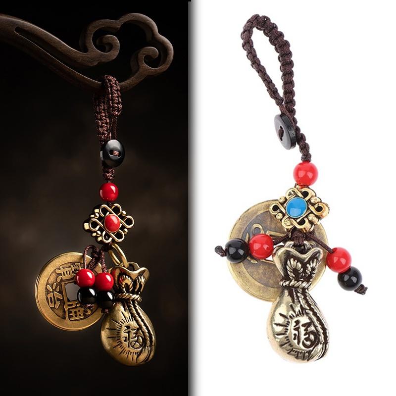

Keychains 1x Brass Money Bag Keychain Pendant Handmade Rope Good Luck Feng Shui Hanging Jewelry Ancient Five Emperors Coins Car Key Chain