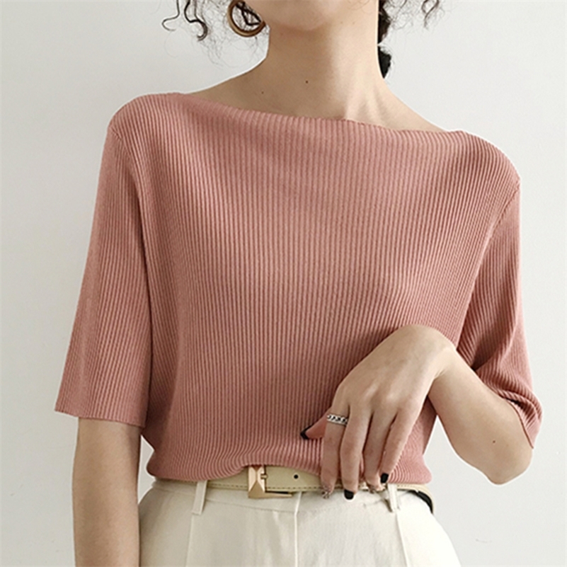 

Colorfaith Women Summer T-Shirts Solid Multi 6 Colors Bottoming Casual Slash Neck Knitting Elasticity Wild Tops T1608 220321, Yellow