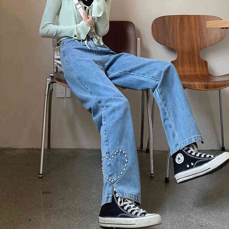 

Sweet Jeans Women Summer Love pattern Pearl Loose High Waist Straight Women Denim Pants Y2k Fashion T220728, Blue