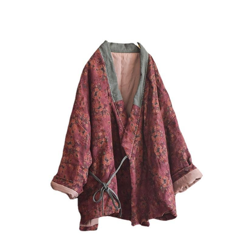 

Women's Trench Coats Cotton Linen Floral Parkas Women Winter Thicken Kimono Coat Chinese Style V Neck Baggy Outerwear Vintage Warm Padded Co