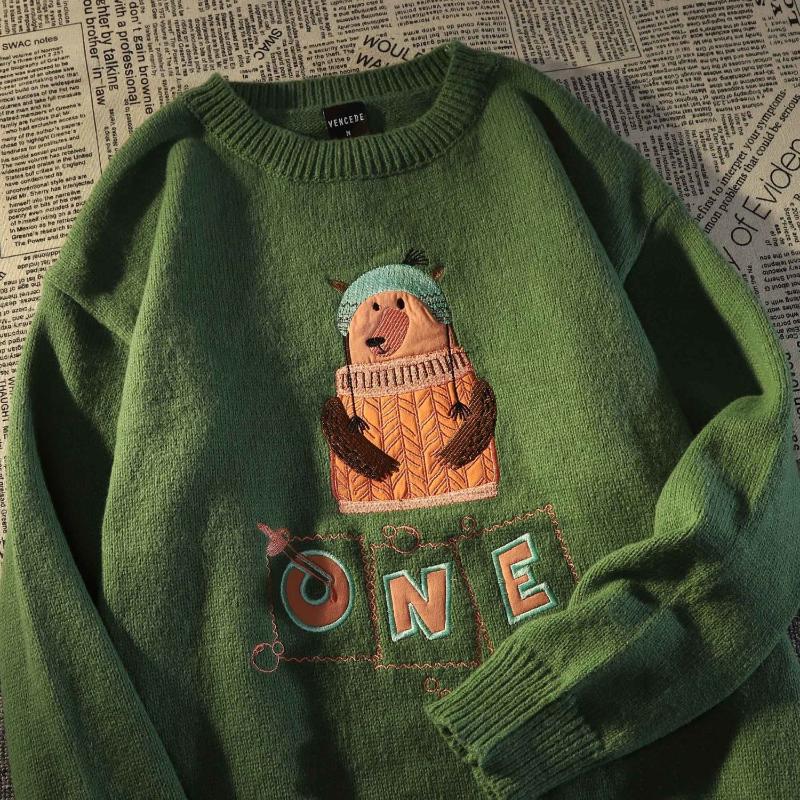 

Women' Sweaters Pullover Retro Soft Waxy Fried Street Women Sweater Autumn And Winter Design Sense Of Small Loose Outer Wear Couple Knit Sw, Green